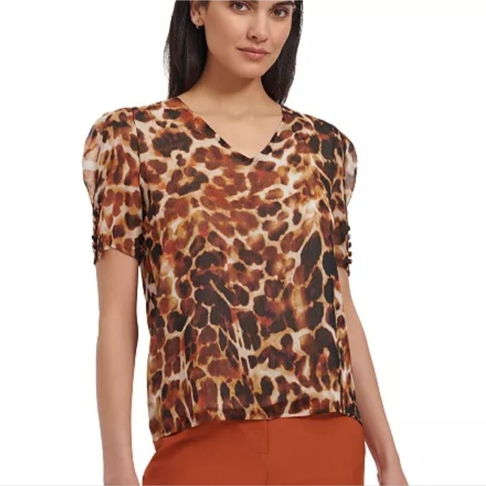 Calvin Klein Brown Leopard Print V-Neck Blouse